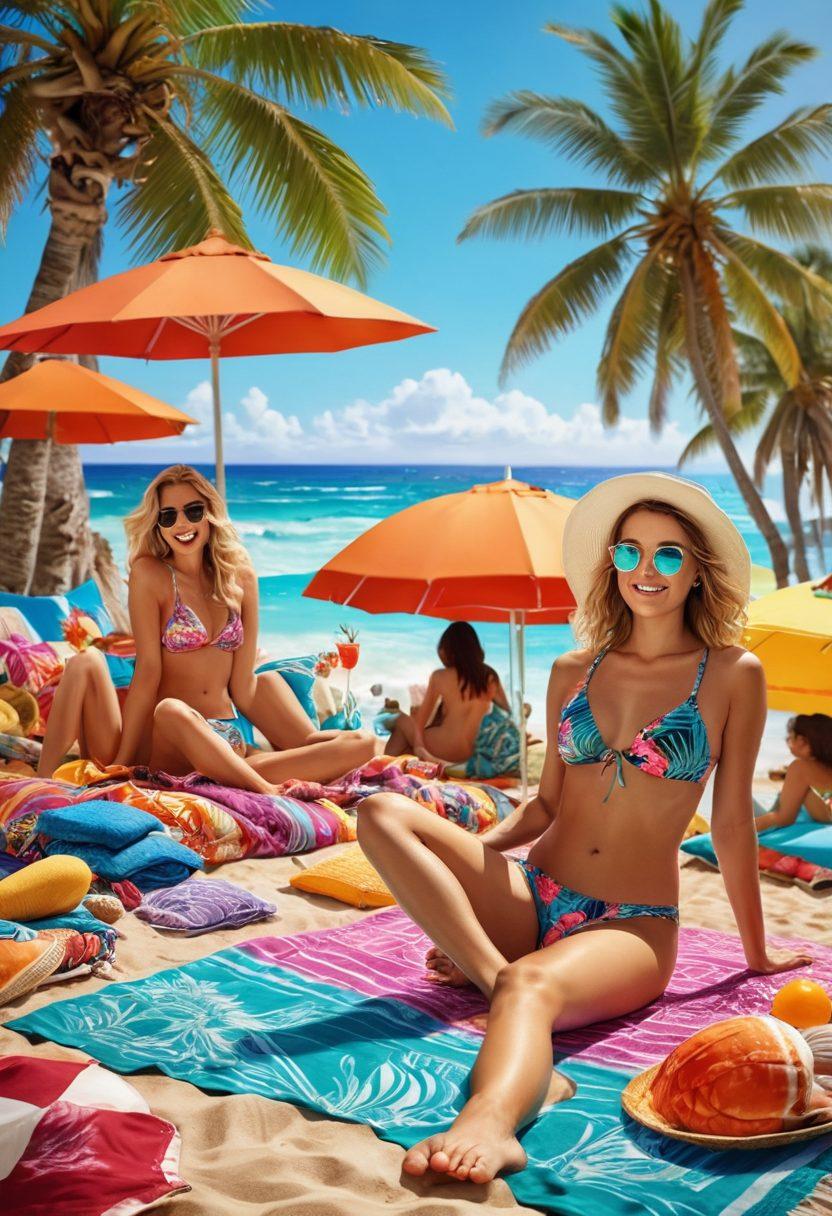 A vibrant beach scene filled with diverse individuals showcasing stylish beachwear, lounging on colorful towels, sipping tropical drinks, and splashing water. Include bright umbrellas, seashells, and palm trees in the background. Emphasize the variety of patterns and styles in the beachwear, from swim trunks to bikinis, capturing the essence of summer fun. super-realistic. vibrant colors. sunny day.